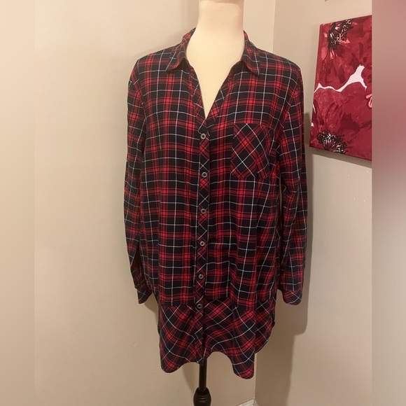 J. Jill Plaid Button Up Red Black Tunic Long Sleeve Shirt, peplum, size Large - Picture 2 of 6